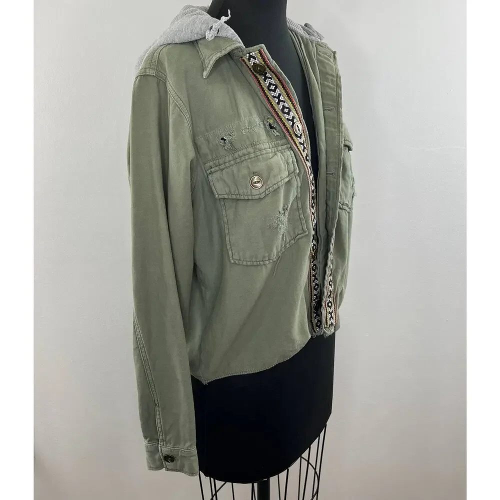 Free People Weekend Wanderer Jacket Knit Hood Military Army Western Tribal XS - Picture 2 of 8
